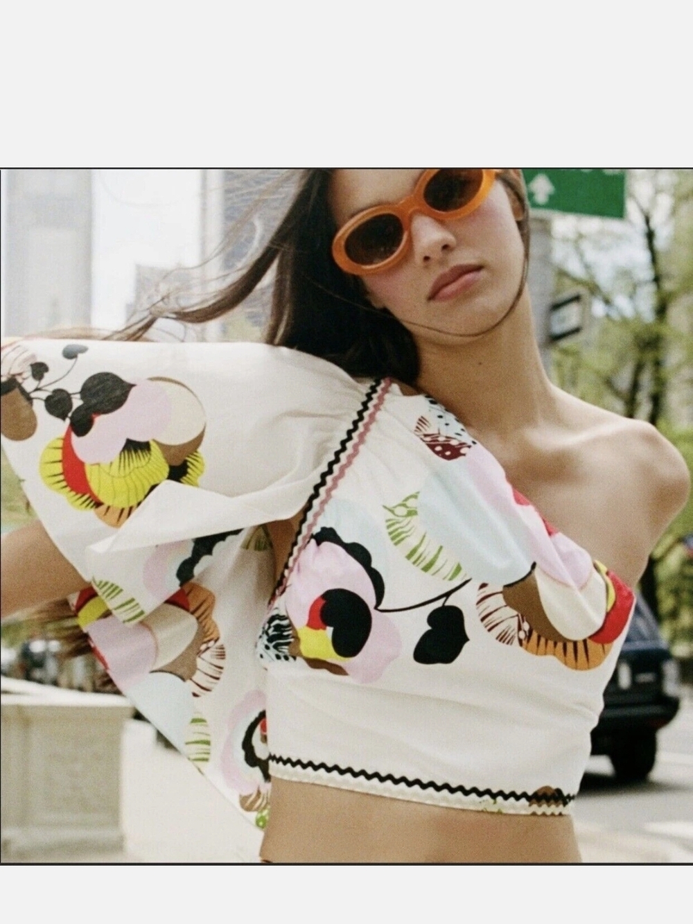 Zara 100% Cotton One Shoulder Floral Crop Top Size M